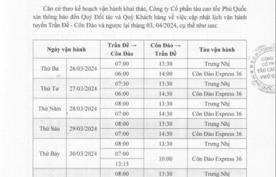 Thông báo cập nhật lịch vận hành tuyến Trần Đề - Côn Đảo tháng 03, 04/2024