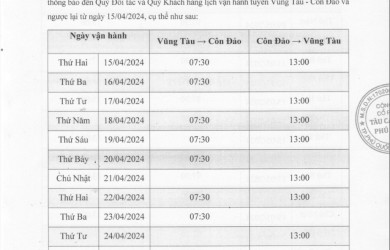 Thông báo lịch vận hành tuyến Vũng Tàu - Côn Đảo và ngược lại từ ngày 15/4/2024